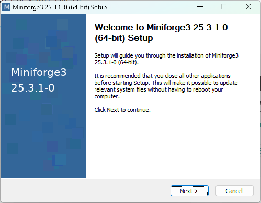 Miniforge 설치 시작 화면에서 Next 버튼 선택