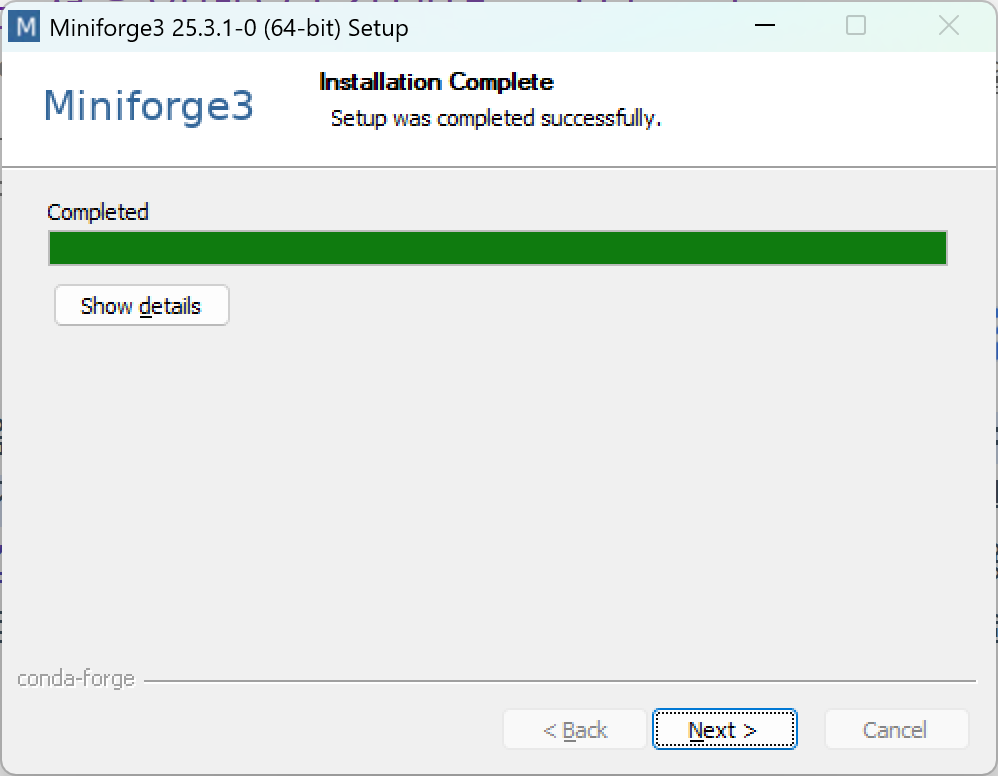 Miniforge 설치 완료 화면에서 Next 버튼 선택